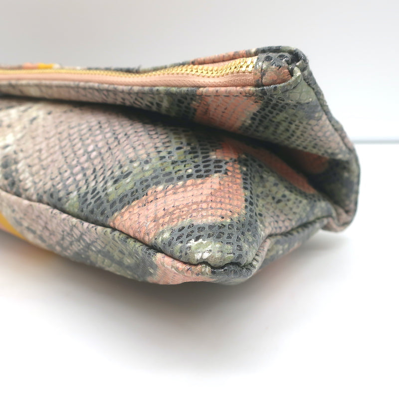 Clare V. Stripe Foldover Clutch Sage/Pink Snake-Embossed Leather