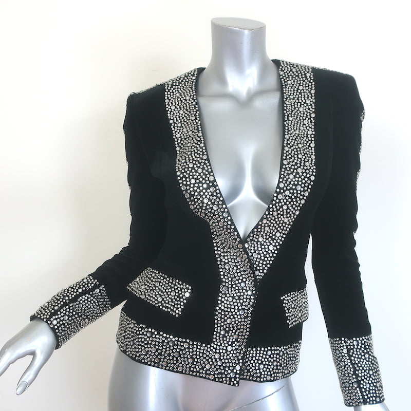 Balmain Crystal-Embellished Velvet Blazer Black Size 34 V-Neck Jacket