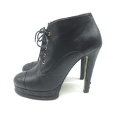Chanel CC Cap Toe Quilted-Platform Lace-Up Booties Black Leather Size 40