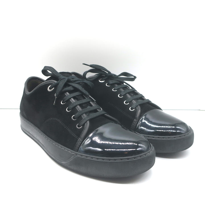 Lanvin DBB1 Cap Toe Low Top Sneakers Black Suede &amp; Patent Leather Size 9