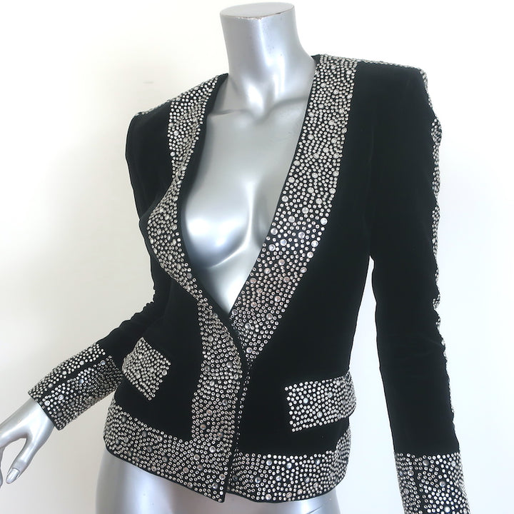 Balmain Crystal-Embellished Velvet Blazer Black Size 34 V-Neck Jacket