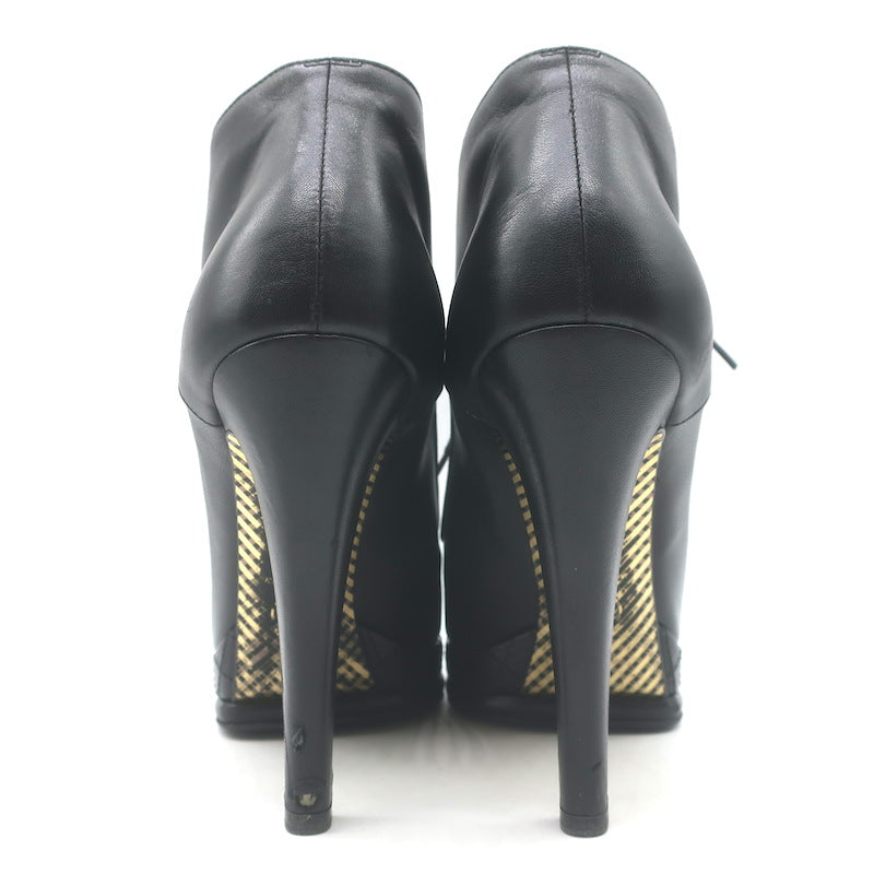 Chanel CC Cap Toe Quilted-Platform Lace-Up Booties Black Leather Size 40