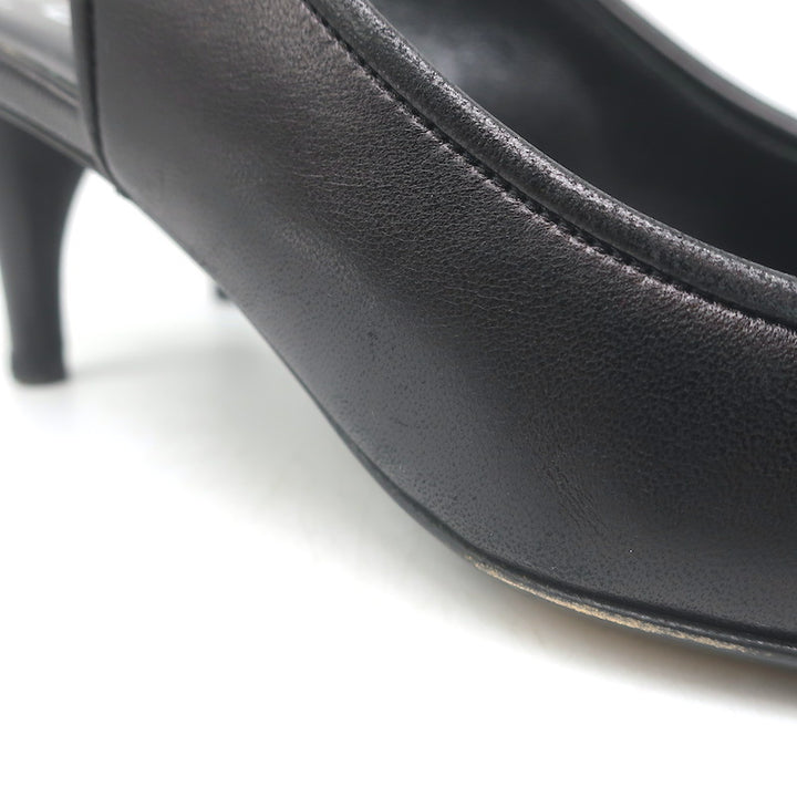 Chanel 05A CC Camellia Pointed Toe Slingback Pumps Black Leather Size 36