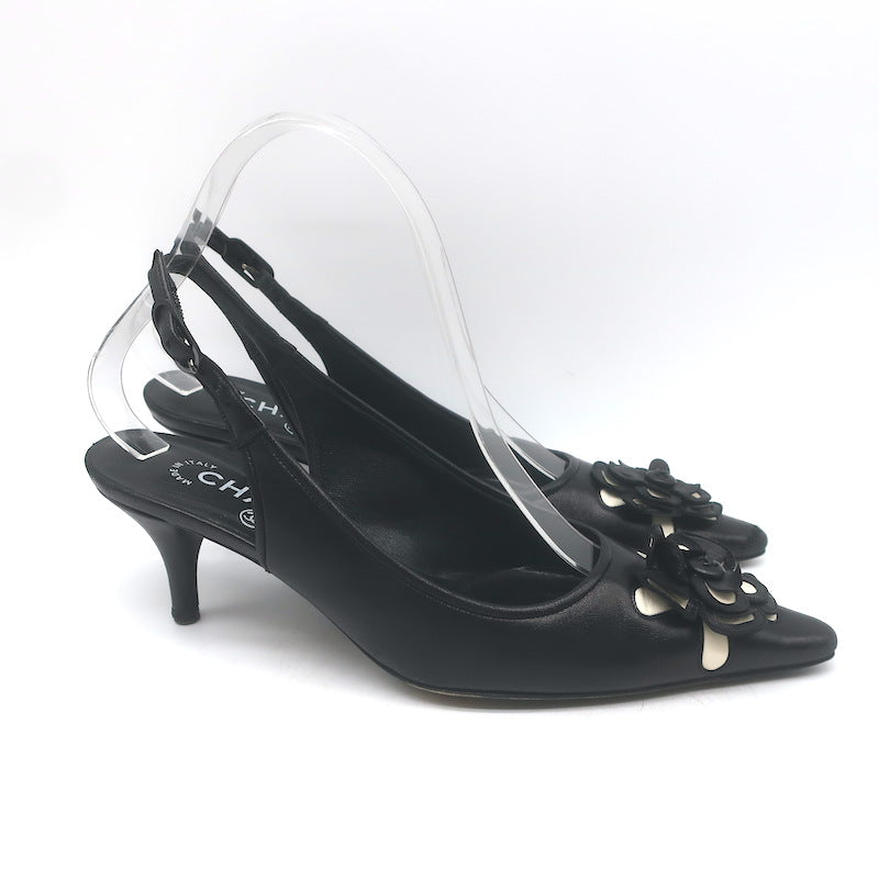 Chanel 05A CC Camellia Pointed Toe Slingback Pumps Black Leather Size 36