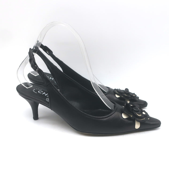Chanel 05A CC Camellia Pointed Toe Slingback Pumps Black Leather Size 36