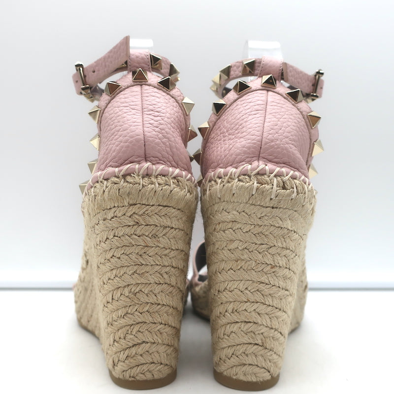 Valentino Rockstud Espadrille Wedge Sandals Light Pink Leather Size 36 NEW