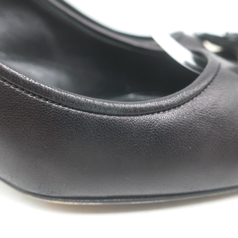 Chanel 05A CC Camellia Pointed Toe Slingback Pumps Black Leather Size 36