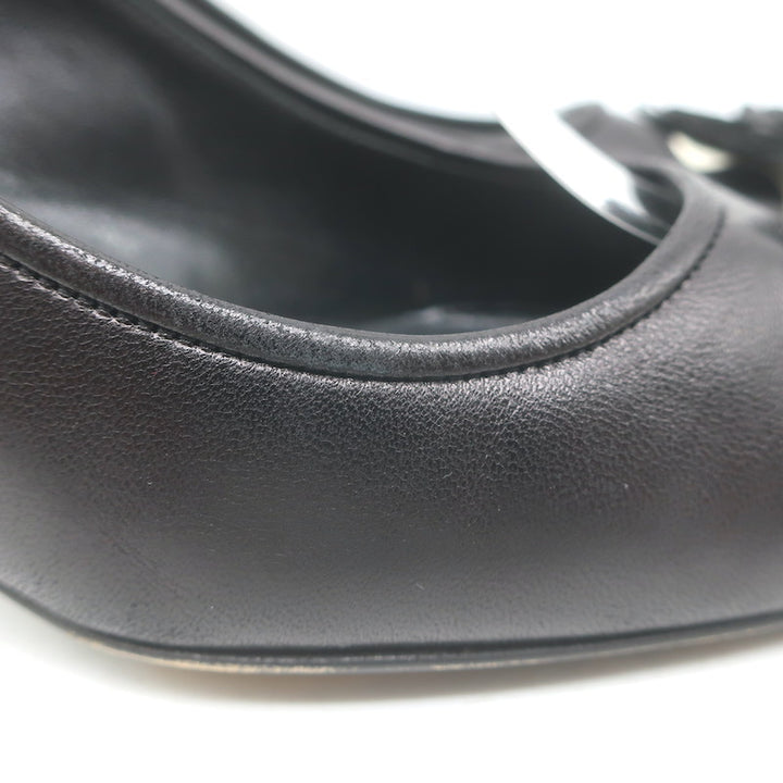 Chanel 05A CC Camellia Pointed Toe Slingback Pumps Black Leather Size 36