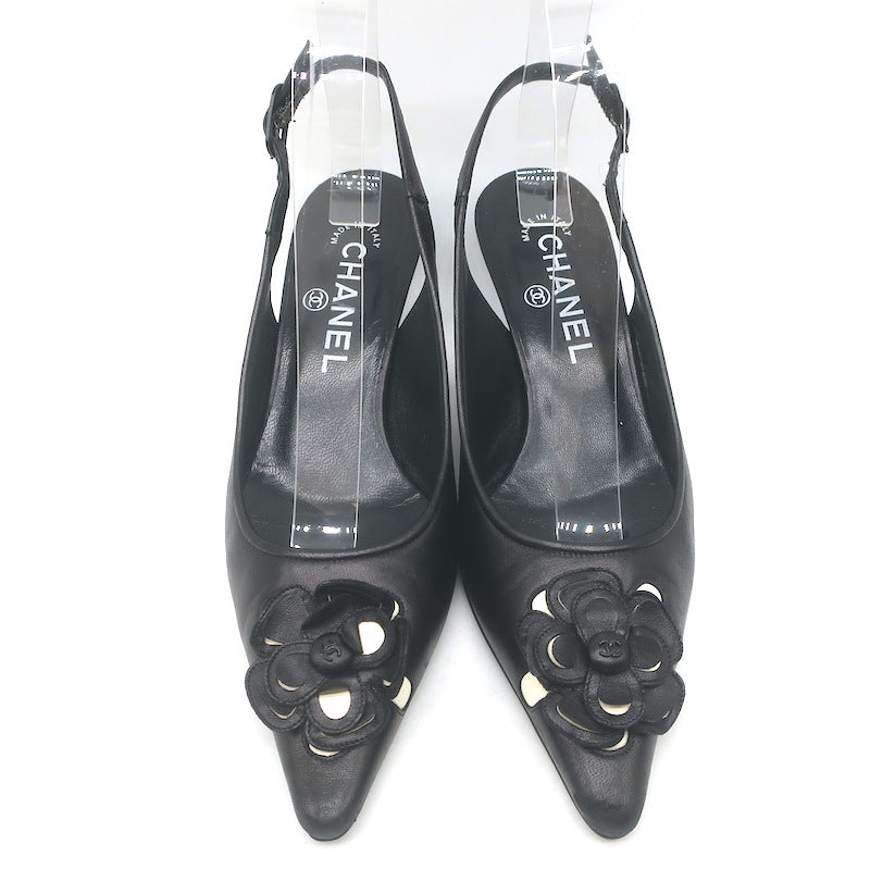 Chanel 05A CC Camellia Pointed Toe Slingback Pumps Black Leather Size 36