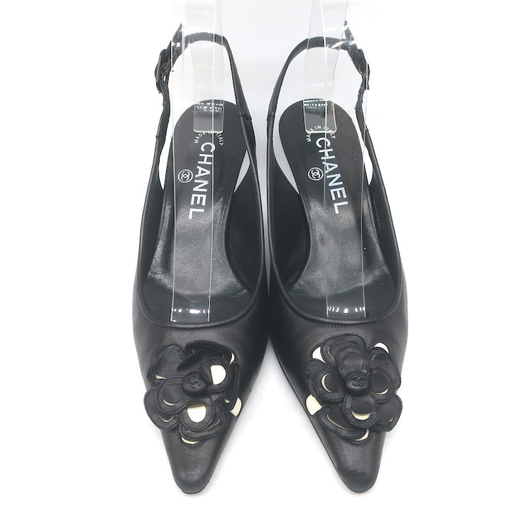 Chanel 05A CC Camellia Pointed Toe Slingback Pumps Black Leather Size 36