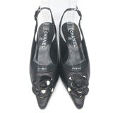 Chanel 05A CC Camellia Pointed Toe Slingback Pumps Black Leather Size 36