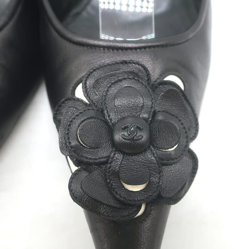 Chanel 05A CC Camellia Pointed Toe Slingback Pumps Black Leather Size 36