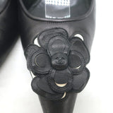 Chanel 05A CC Camellia Pointed Toe Slingback Pumps Black Leather Size 36