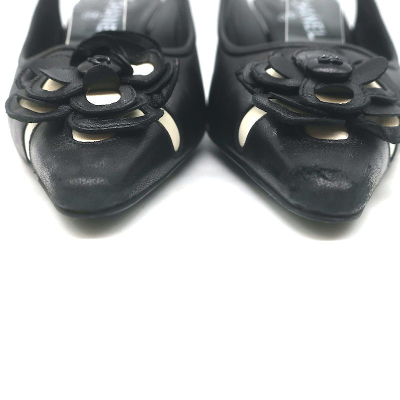 Chanel 05A CC Camellia Pointed Toe Slingback Pumps Black Leather Size 36
