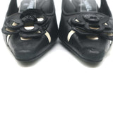 Chanel 05A CC Camellia Pointed Toe Slingback Pumps Black Leather Size 36