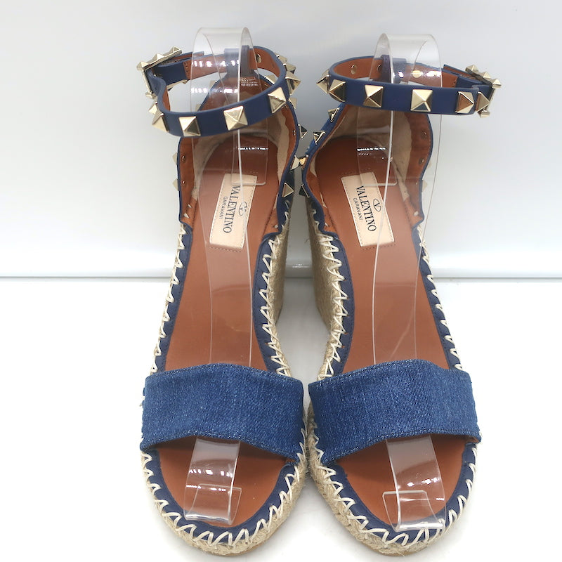 Valentino Denim Rockstud Espadrille Wedge Sandals Blue Leather Size 36 NEW