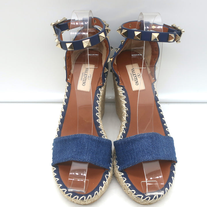 Valentino Denim Rockstud Espadrille Wedge Sandals Blue Leather Size 36 NEW