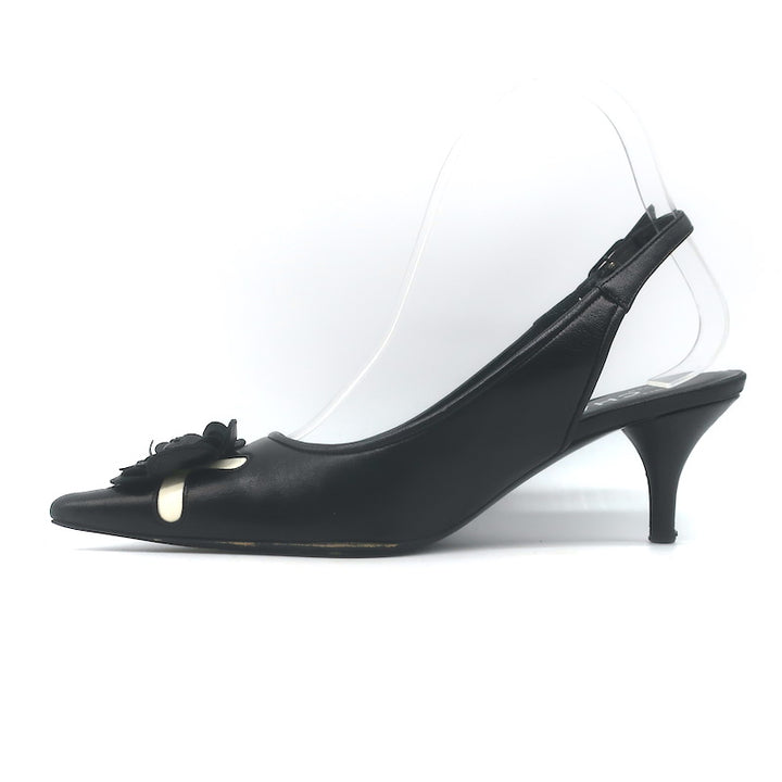 Chanel 05A CC Camellia Pointed Toe Slingback Pumps Black Leather Size 36