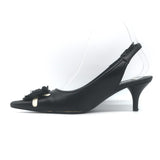 Chanel 05A CC Camellia Pointed Toe Slingback Pumps Black Leather Size 36