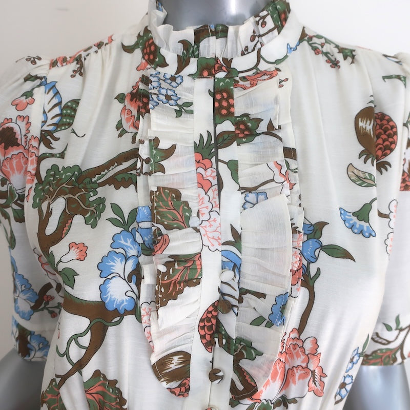 ME+EM Garden Floral Puff Sleeve Ruffled Midi Dress Cream Size US 6