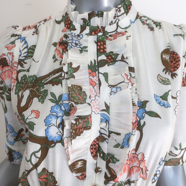 ME+EM Garden Floral Puff Sleeve Ruffled Midi Dress Cream Size US 6