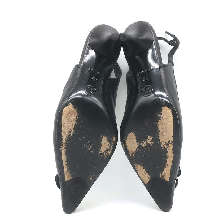 Chanel 05A CC Camellia Pointed Toe Slingback Pumps Black Leather Size 36