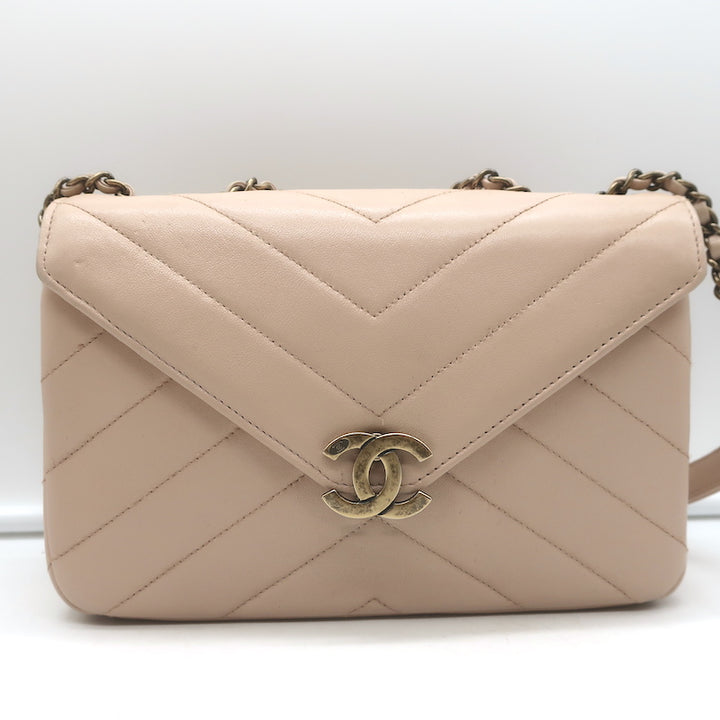 Chanel 2016 Coco Envelope Flap Bag Beige Chevron Quilted Leather Crossbody