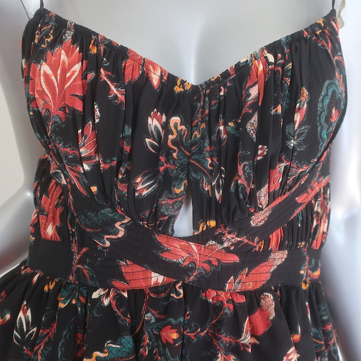 Ulla Johnson Renata Cutout Ruffled Midi Dress Black Floral Print Silk Size 6