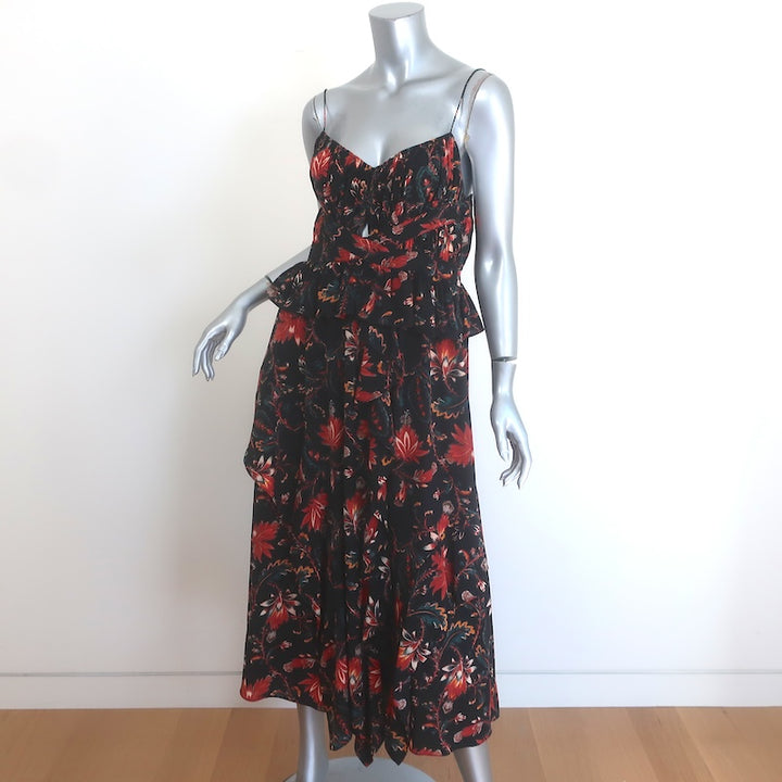 Ulla Johnson Renata Cutout Ruffled Midi Dress Black Floral Print Silk Size 6