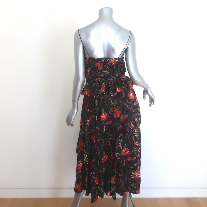 Ulla Johnson Renata Cutout Ruffled Midi Dress Black Floral Print Silk Size 6