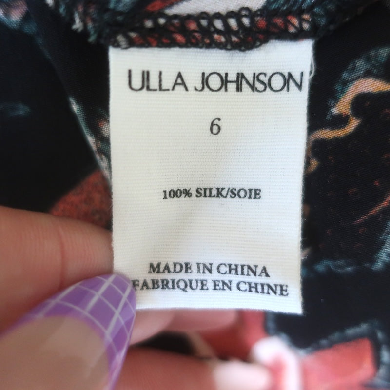 Ulla Johnson Renata Cutout Ruffled Midi Dress Black Floral Print Silk Size 6
