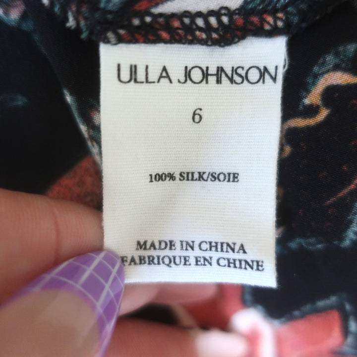 Ulla Johnson Renata Cutout Ruffled Midi Dress Black Floral Print Silk Size 6