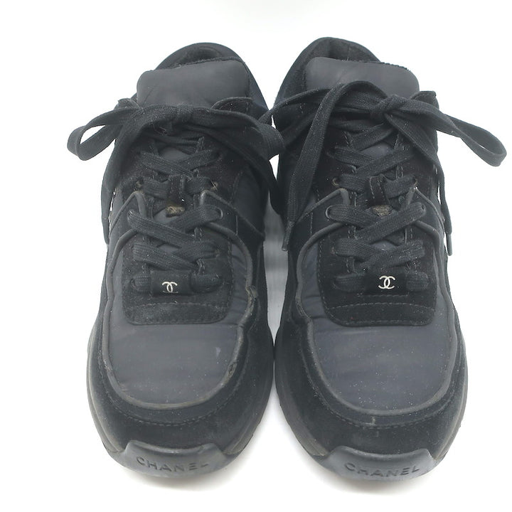 Chanel 22S CC Low Top Sneakers Black Suede &amp; Nylon Size 39