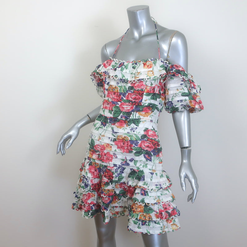 Zimmermann Allia Pintuck Halter Mini Dress White Floral Print Linen Size 2