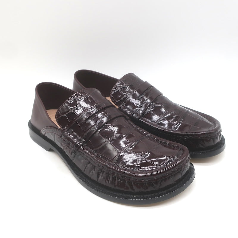Loewe Campo Penny Loafers Burgundy Croc-Embossed Leather Size 38