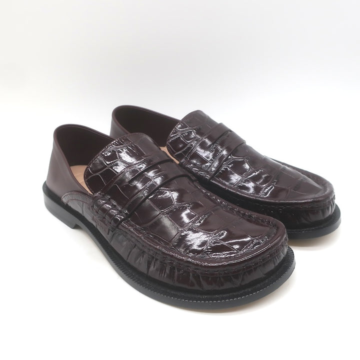 Loewe Campo Penny Loafers Burgundy Croc-Embossed Leather Size 38
