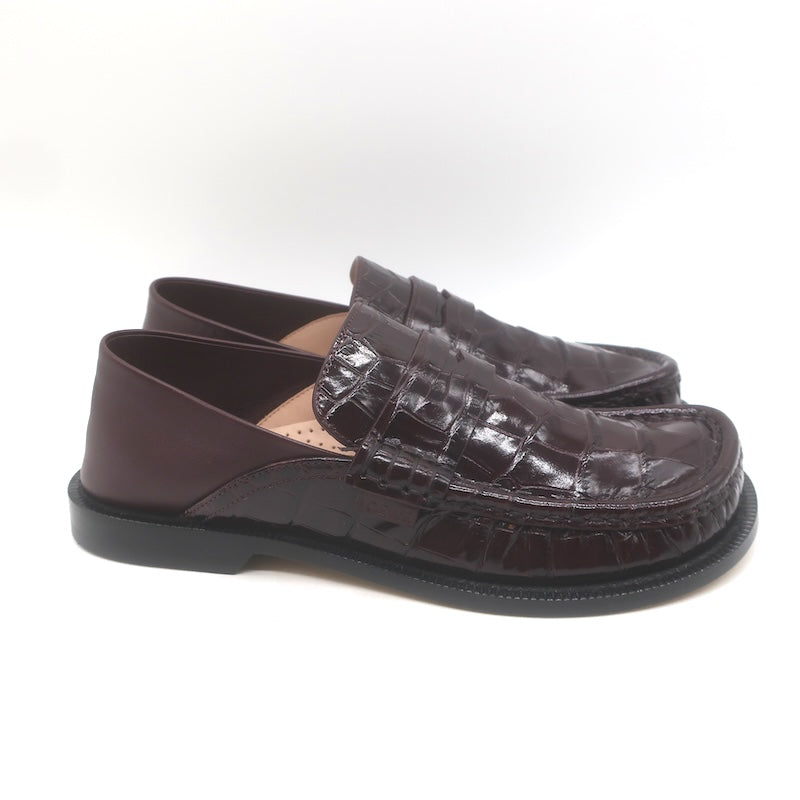 Loewe Campo Penny Loafers Burgundy Croc-Embossed Leather Size 38