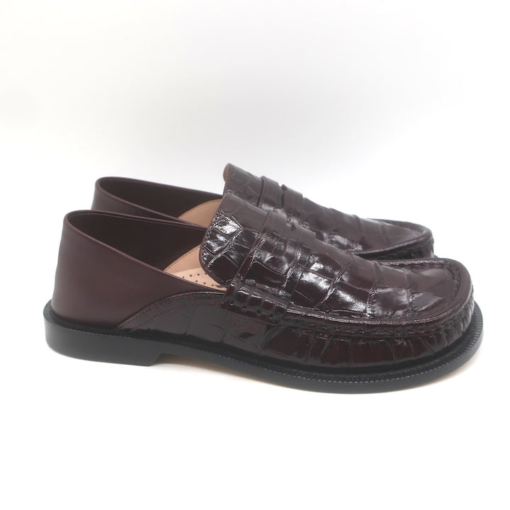 Loewe Campo Penny Loafers Burgundy Croc-Embossed Leather Size 38