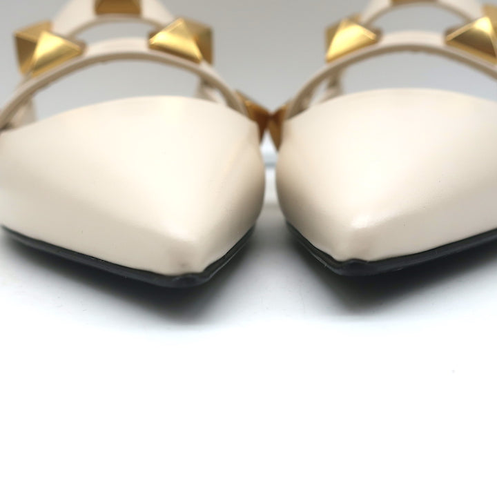 Valentino Roman Stud Mules Cream Leather Size 39 Pointed Toe Flats NEW