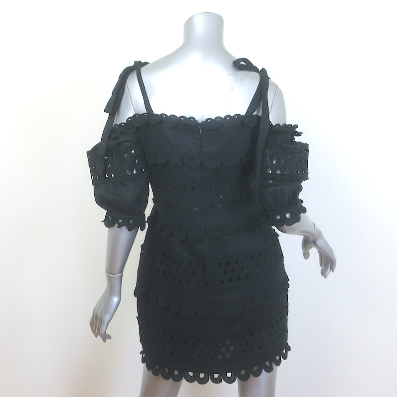 Zimmermann Verity Cold-Shoulder Embroidered Mini Dress Black Linen Size 2 NEW