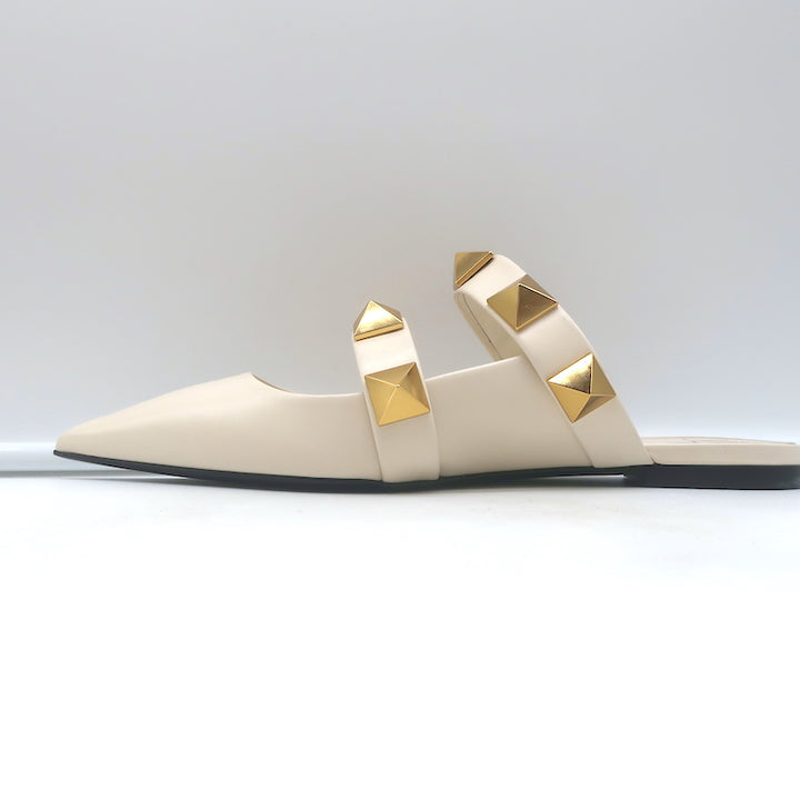 Valentino Roman Stud Mules Cream Leather Size 39 Pointed Toe Flats NEW