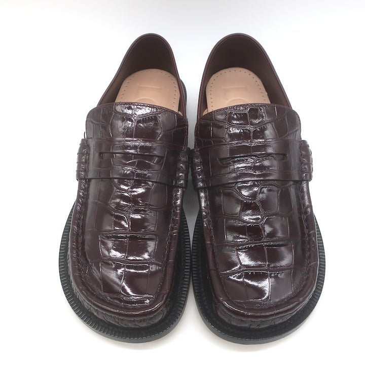 Loewe Campo Penny Loafers Burgundy Croc-Embossed Leather Size 38