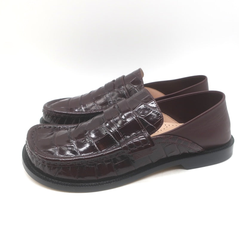 Loewe Campo Penny Loafers Burgundy Croc-Embossed Leather Size 38