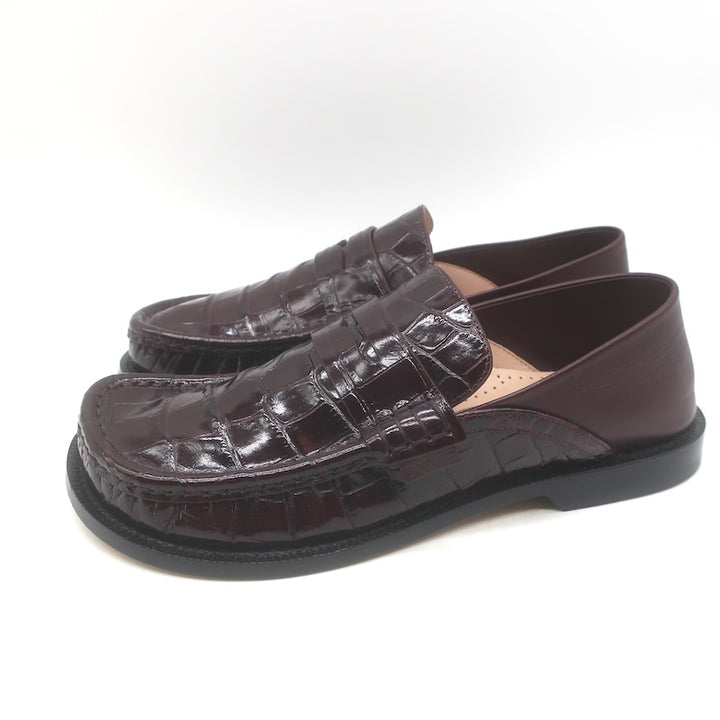 Loewe Campo Penny Loafers Burgundy Croc-Embossed Leather Size 38