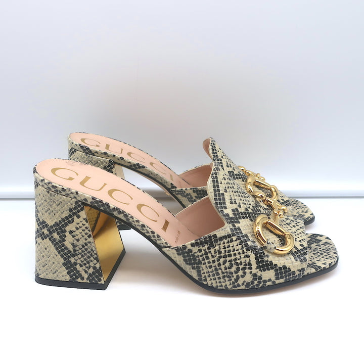 Gucci Baby Horsebit Mules Cream Snake-Embossed Leather Size 39 Open Toe Heels