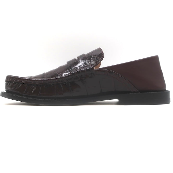 Loewe Campo Penny Loafers Burgundy Croc-Embossed Leather Size 38