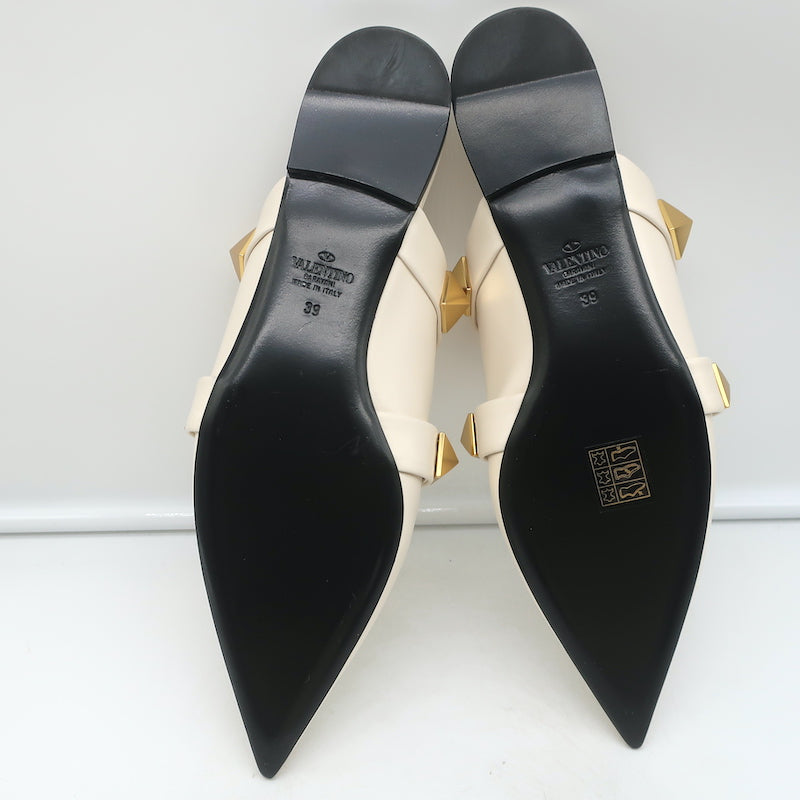 Valentino Roman Stud Mules Cream Leather Size 39 Pointed Toe Flats NEW