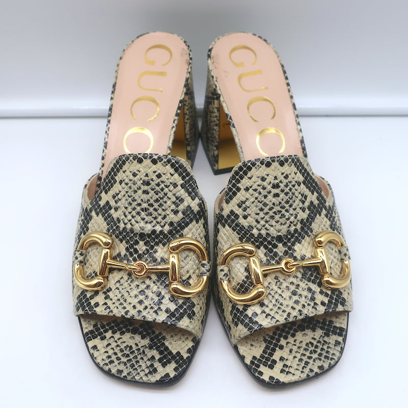 Gucci Baby Horsebit Mules Cream Snake-Embossed Leather Size 39 Open Toe Heels