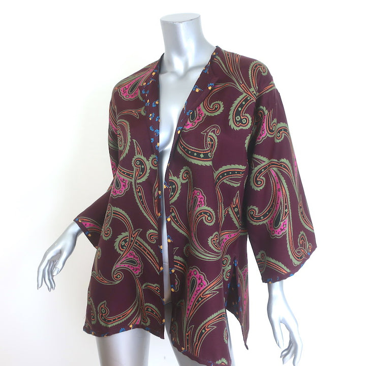 Etro Kesa Open-Front Jacket Burgundy Paisley/Floral Print Silk Twill Size Medium