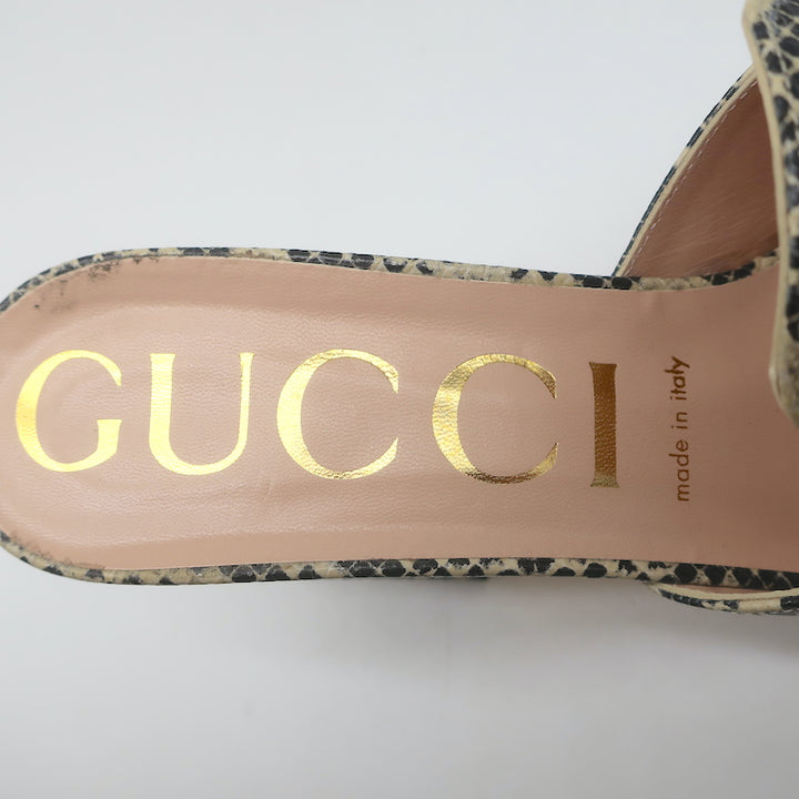 Gucci Baby Horsebit Mules Cream Snake-Embossed Leather Size 39 Open Toe Heels